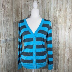 Women's Lilu Long Sleeve Cardigan | Blue & Gray | Button Up | V-Neck | Small